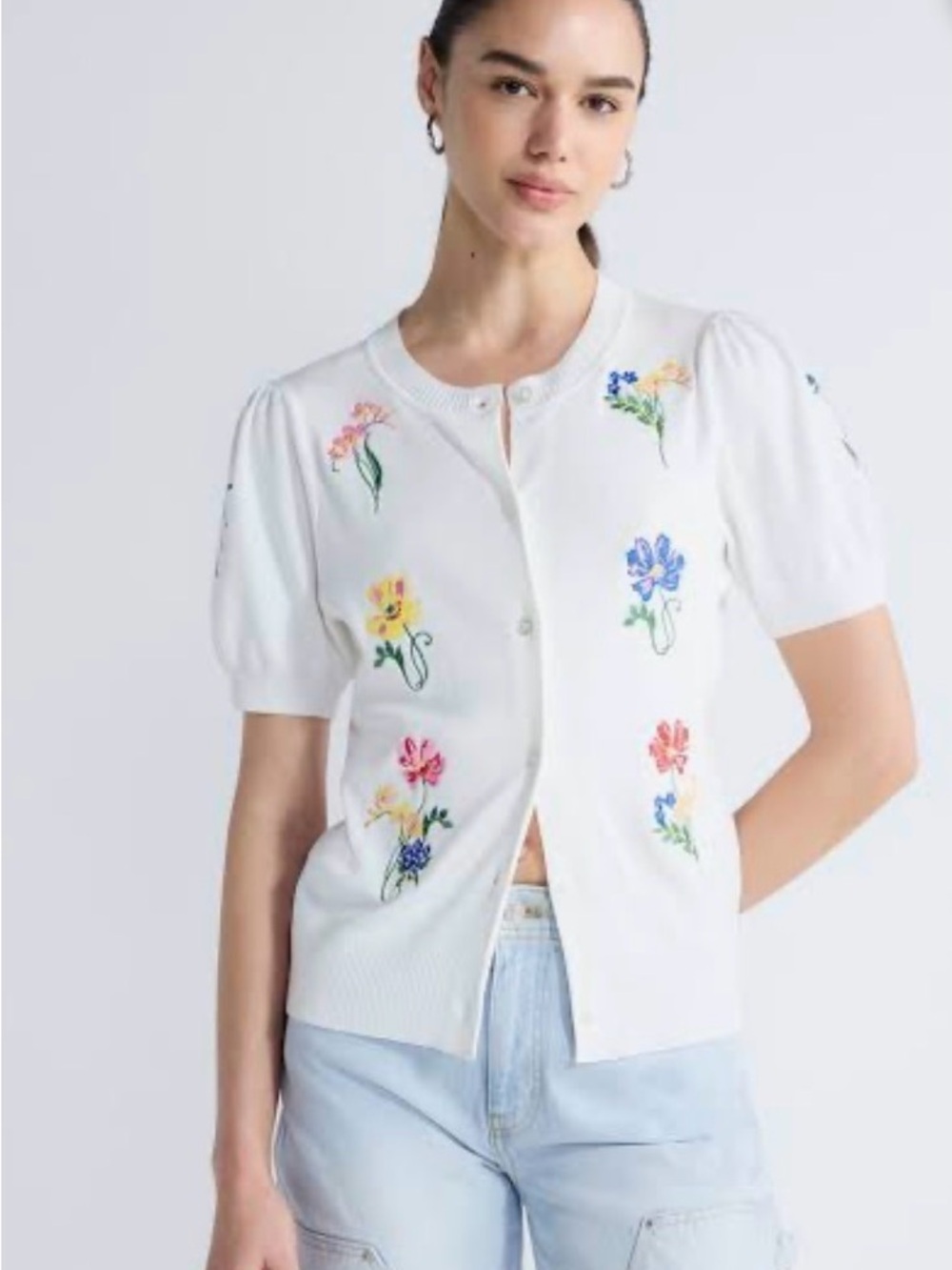 Free Assembly White Short-Sleeve Floral Embroidered Cardigan Sweater - Women's